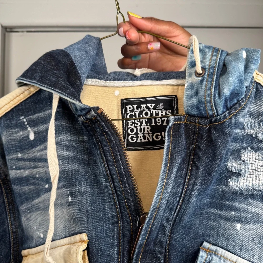 Play Cloths Mens Denim Anorak Jacket Blue Distressed Graphic Hooded Streetwear